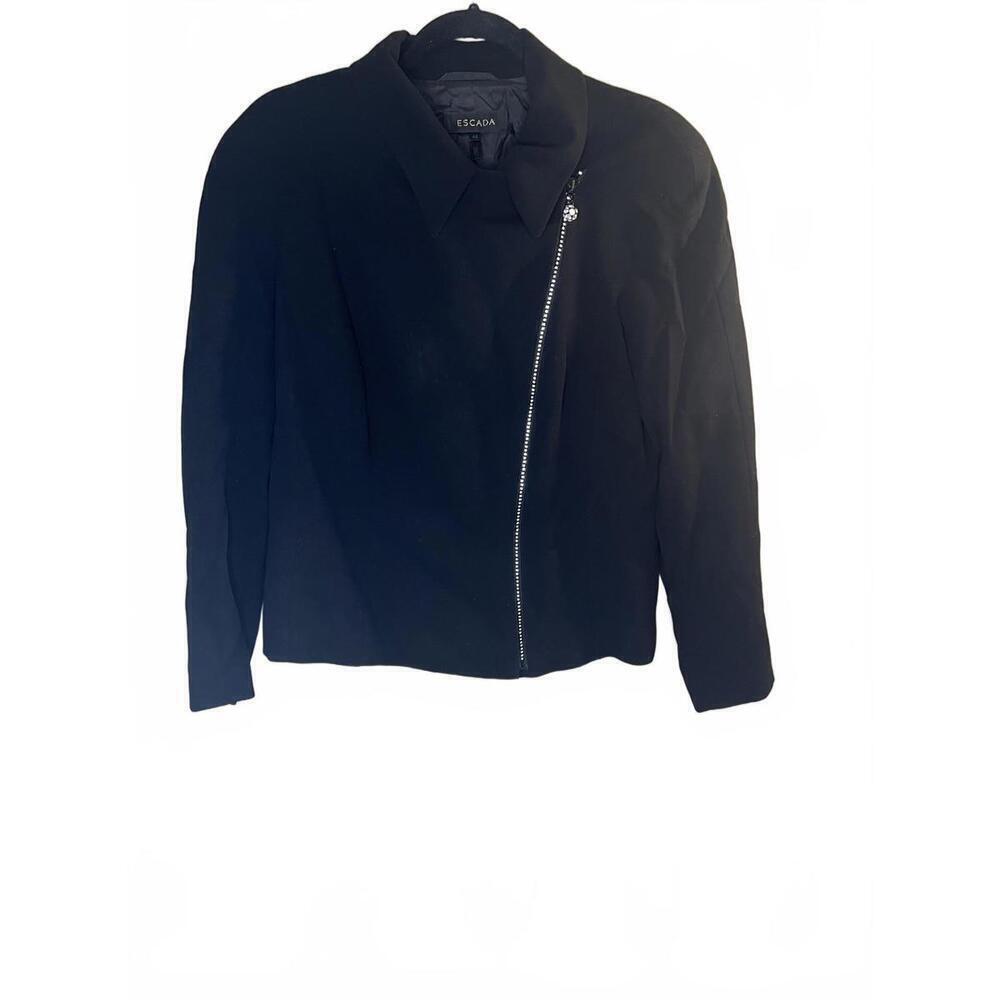 Escada Vintage Black Wool Women's Zip-Up Jacket with Rhinestone Detail Size 44